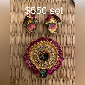 True Vintage GORGEOUS Fuchsia Juliana Set Brooch & Rose Inset Earrings